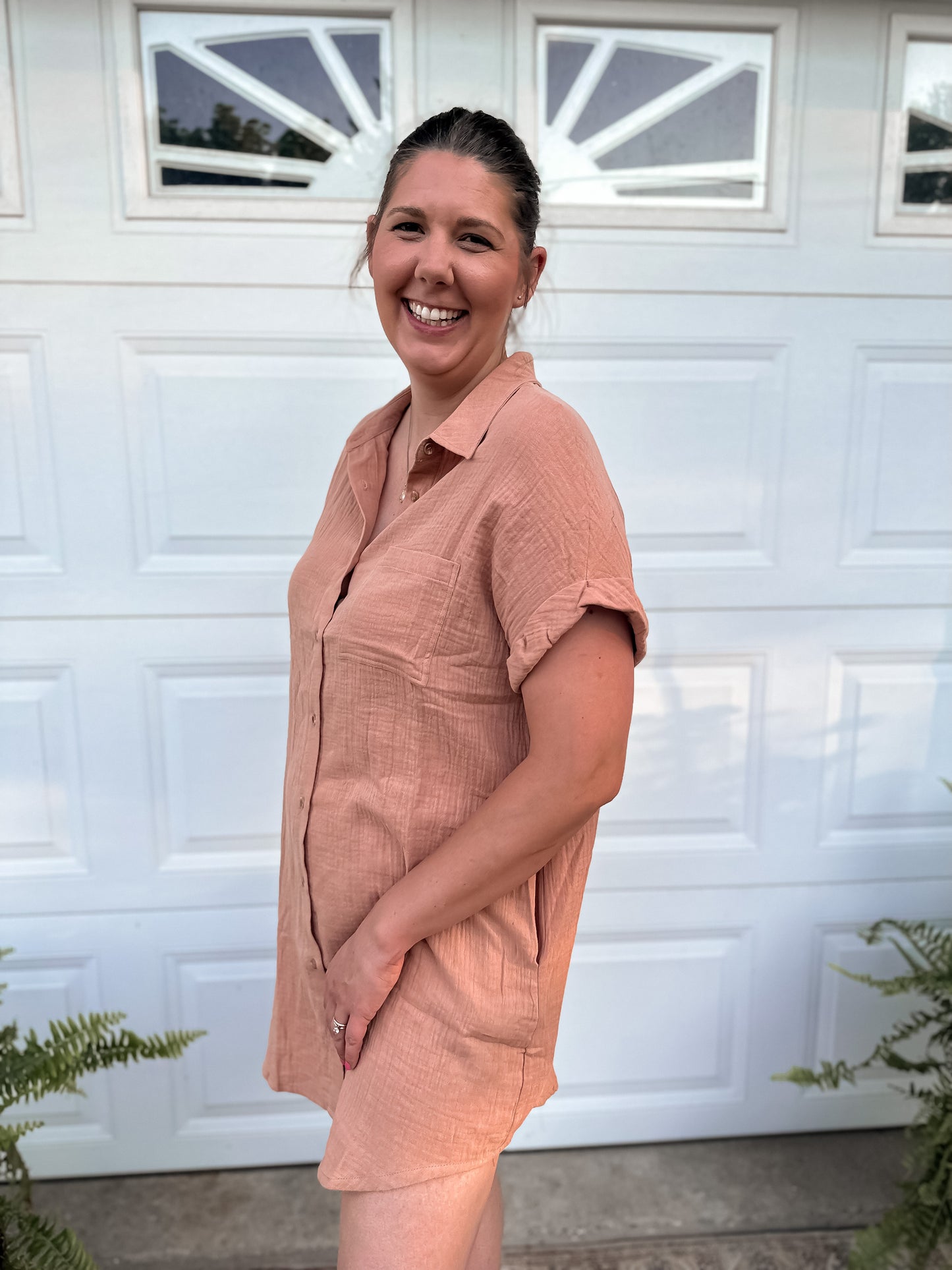 Button Up Shirt Dress - Peach