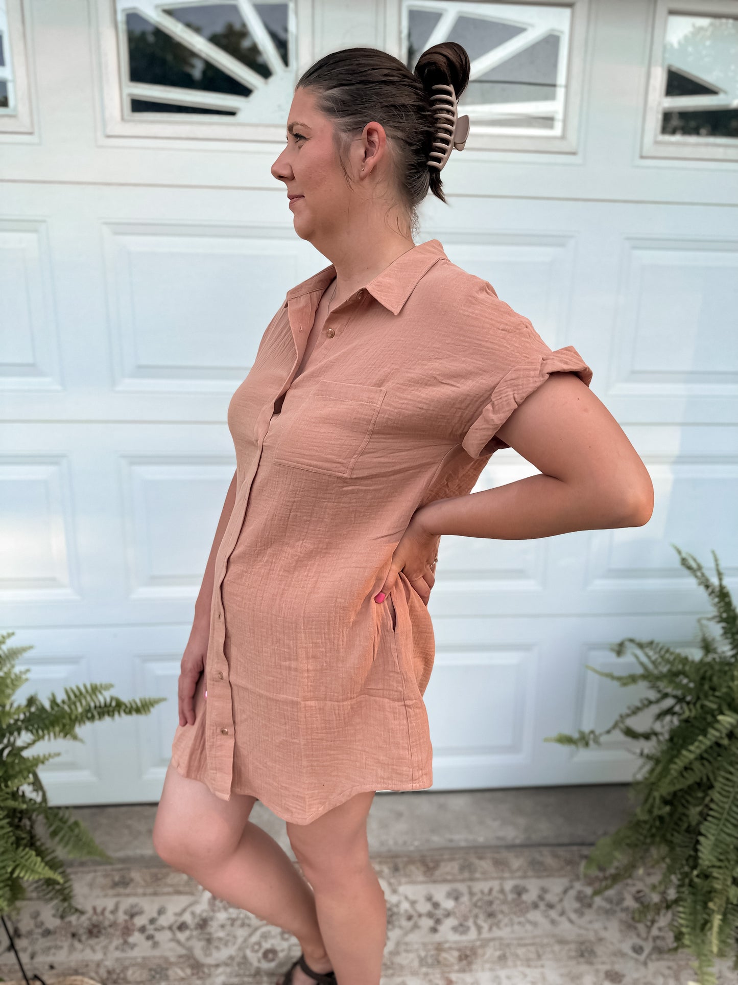 Button Up Shirt Dress - Peach