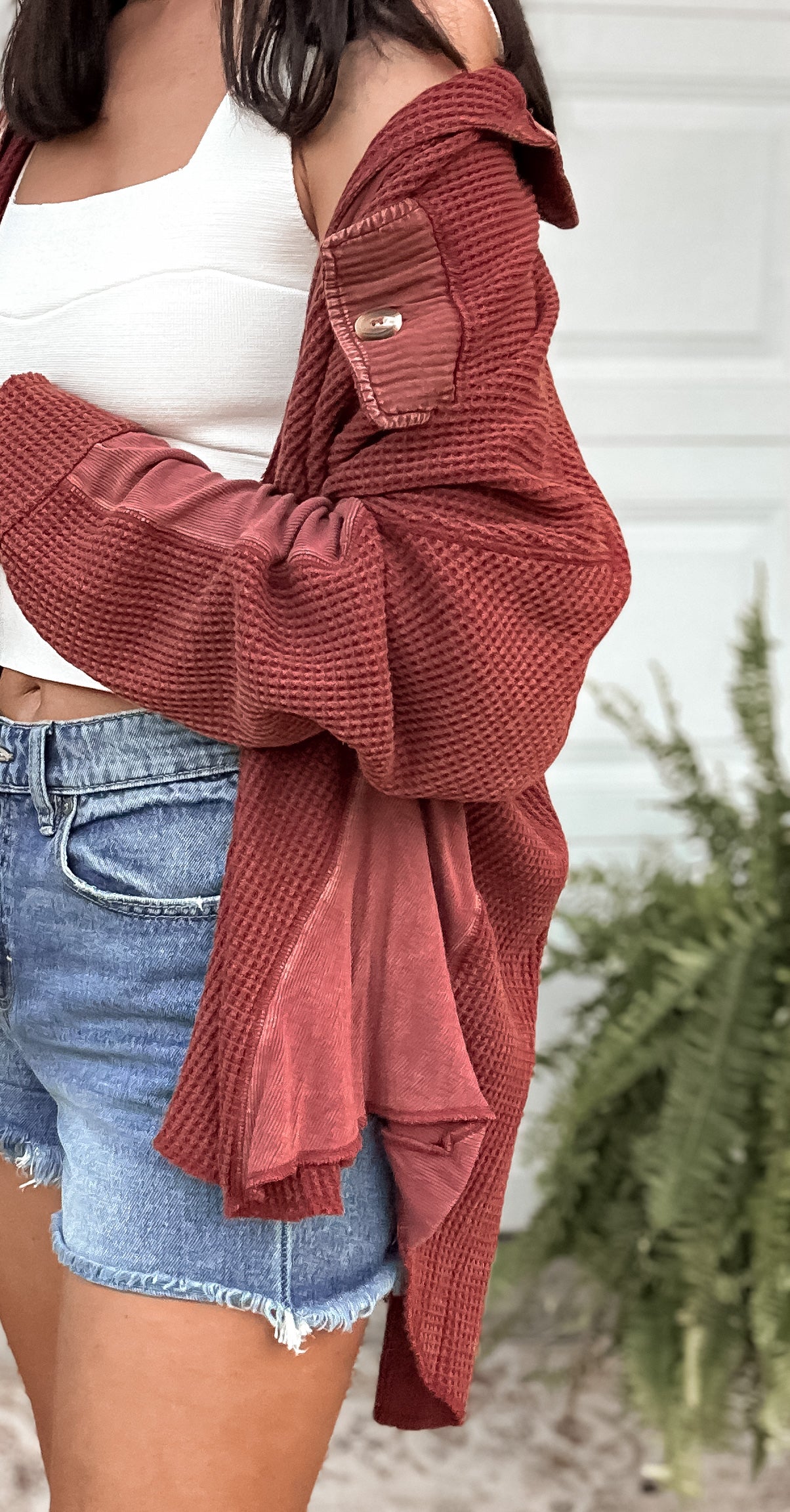 Waffle Knit Button Up - Brick