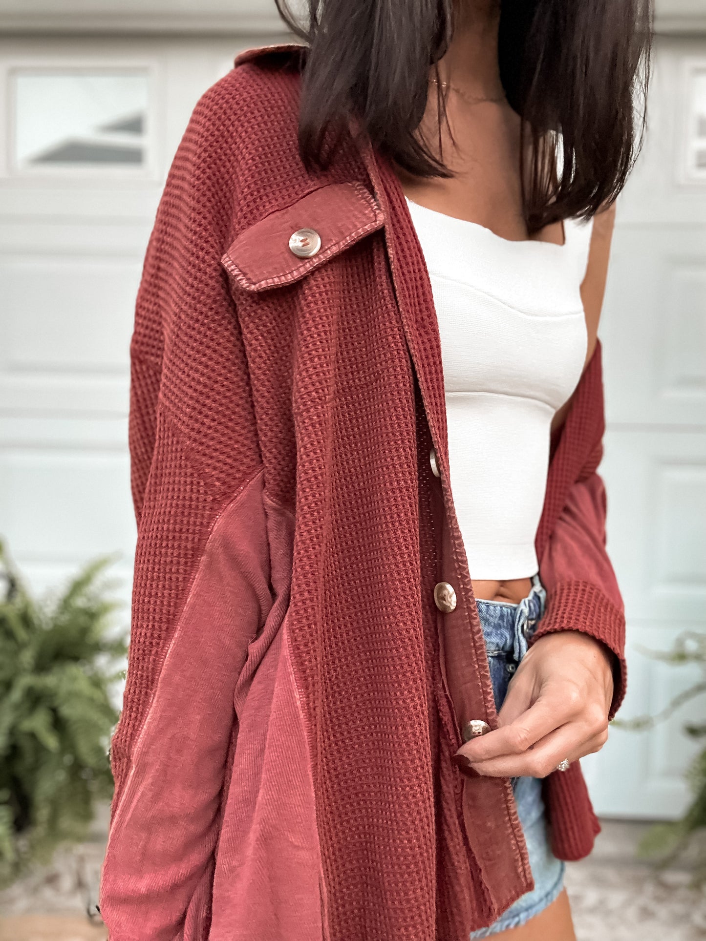 Waffle Knit Button Up - Brick
