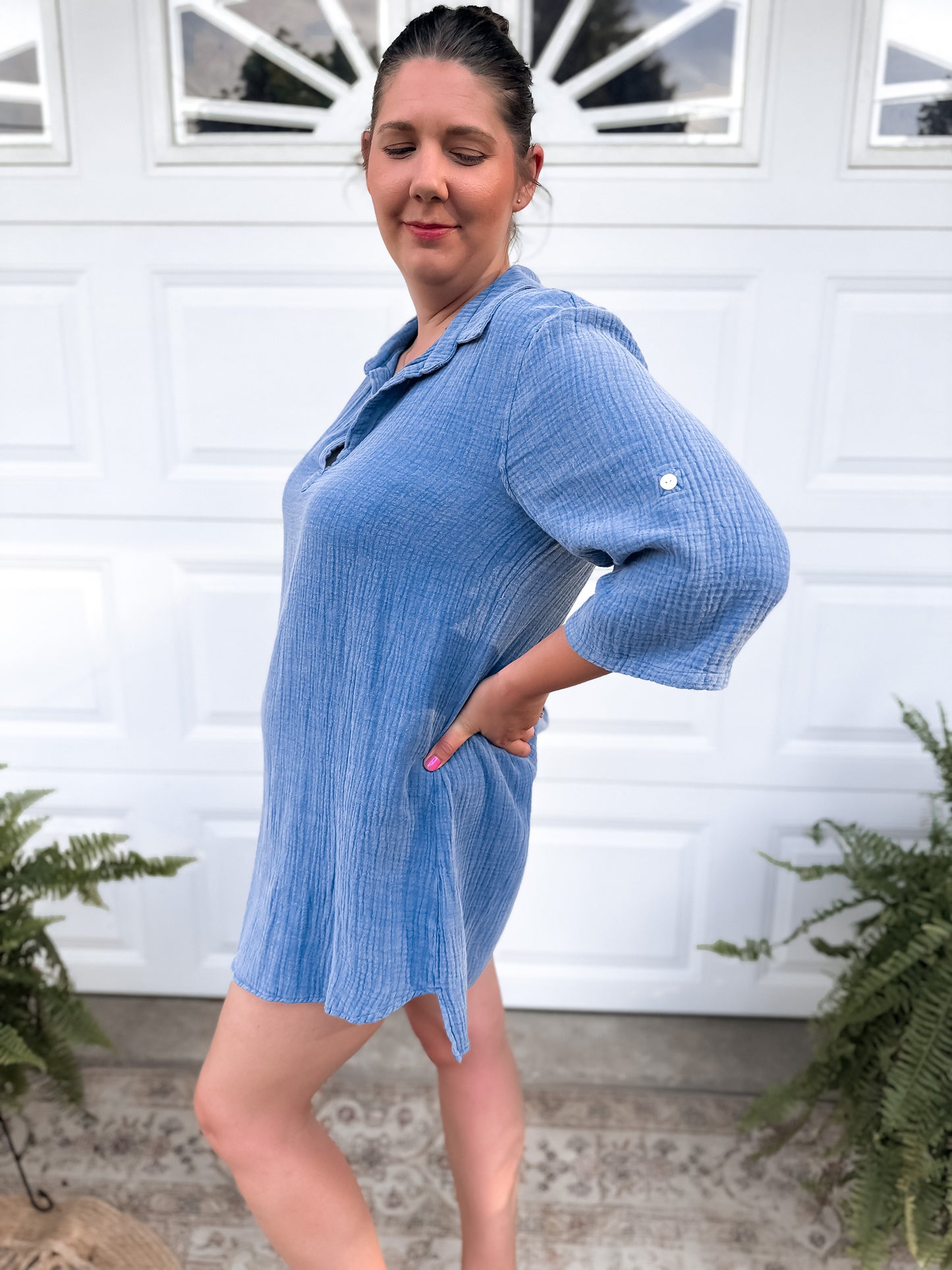 Henley Collar Long Sleeve Shirt Dress - Blue