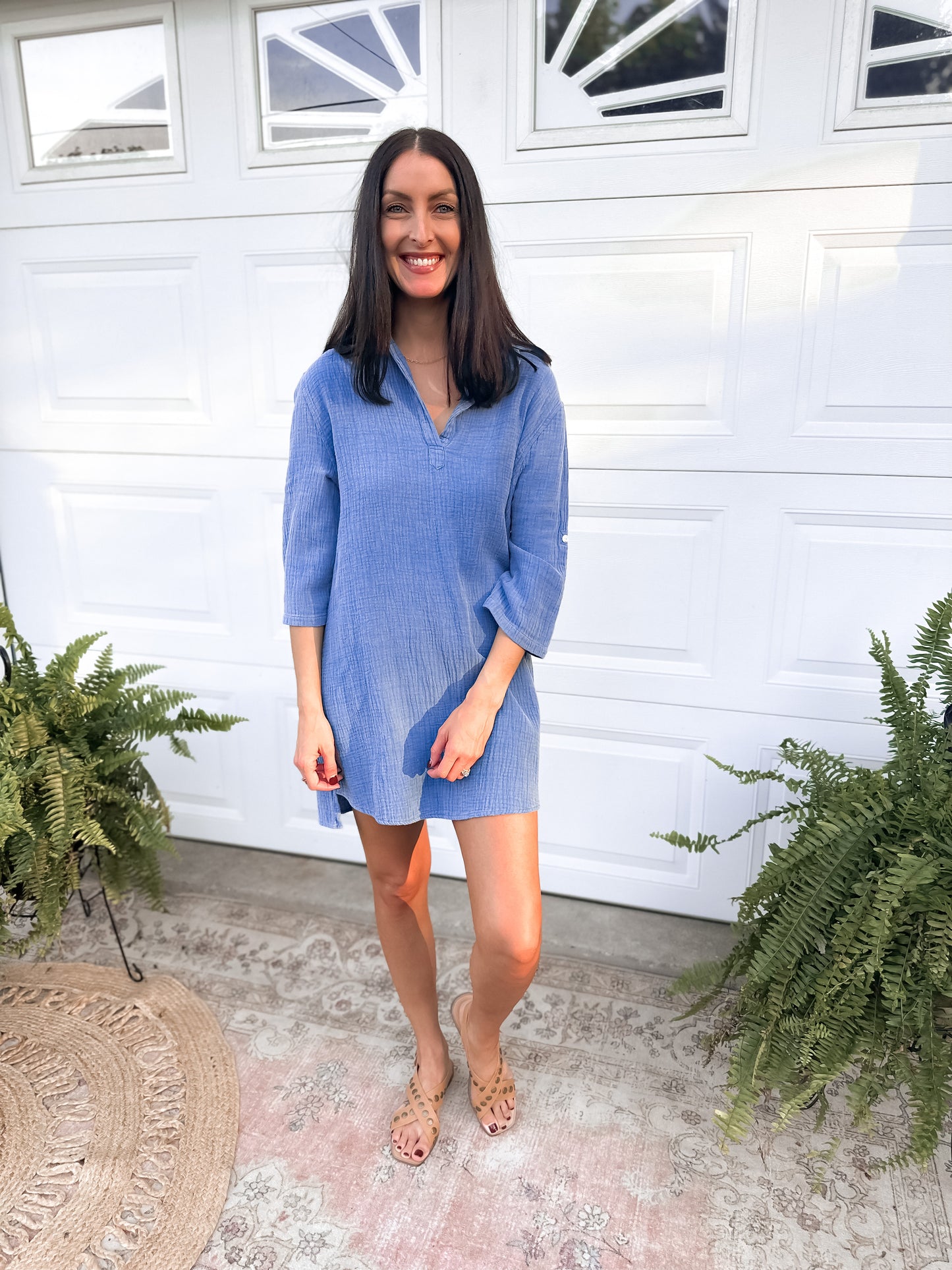 Henley Collar Long Sleeve Shirt Dress - Blue