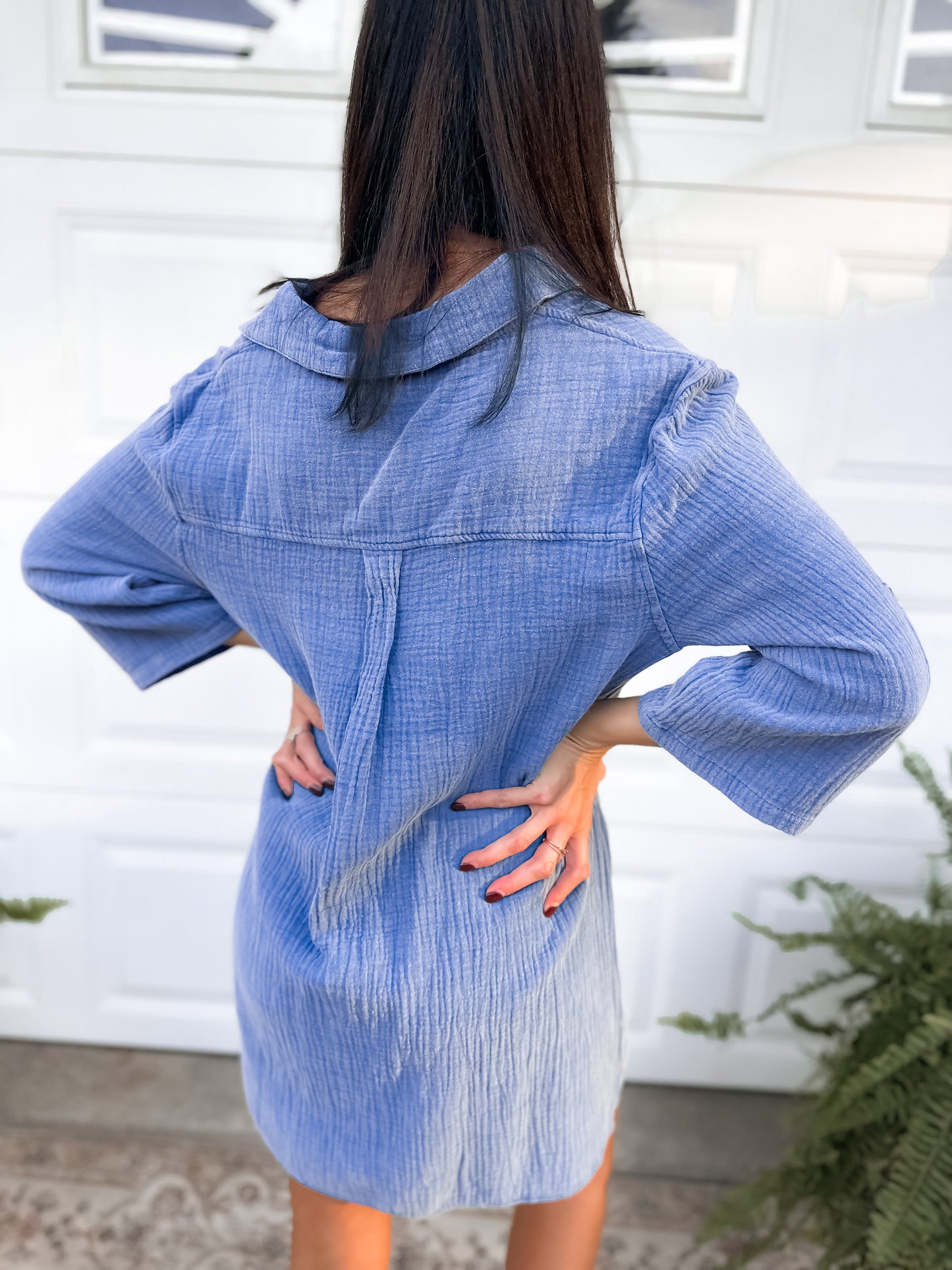 Henley Collar Long Sleeve Shirt Dress - Blue