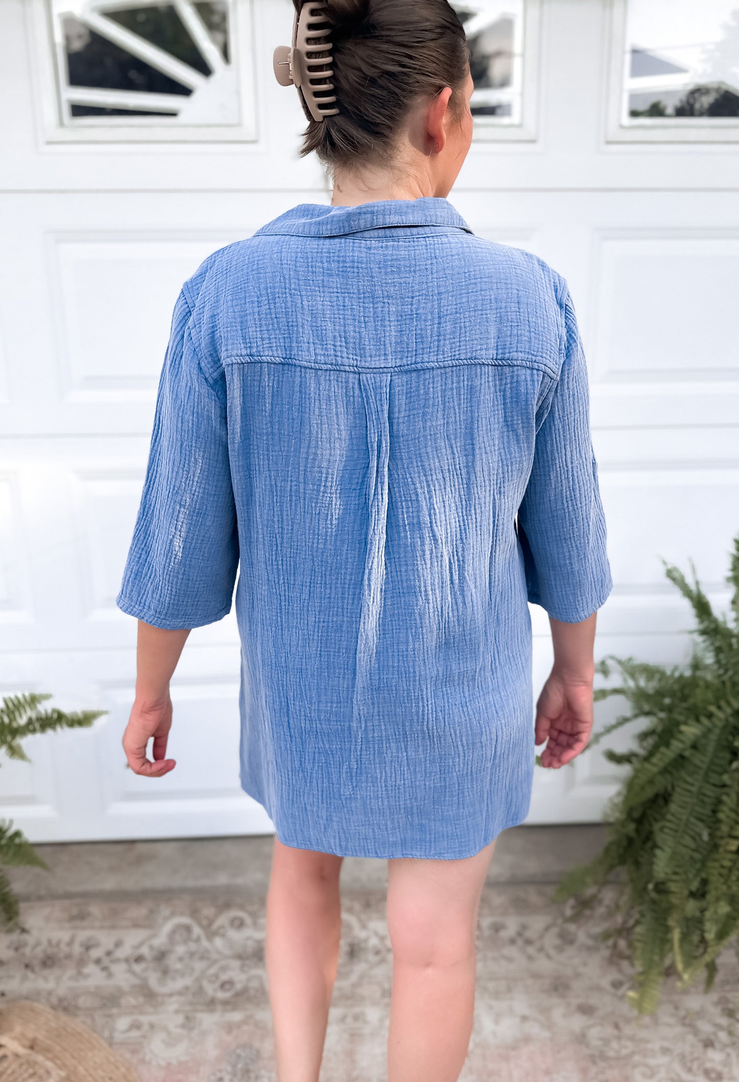Henley Collar Long Sleeve Shirt Dress - Blue