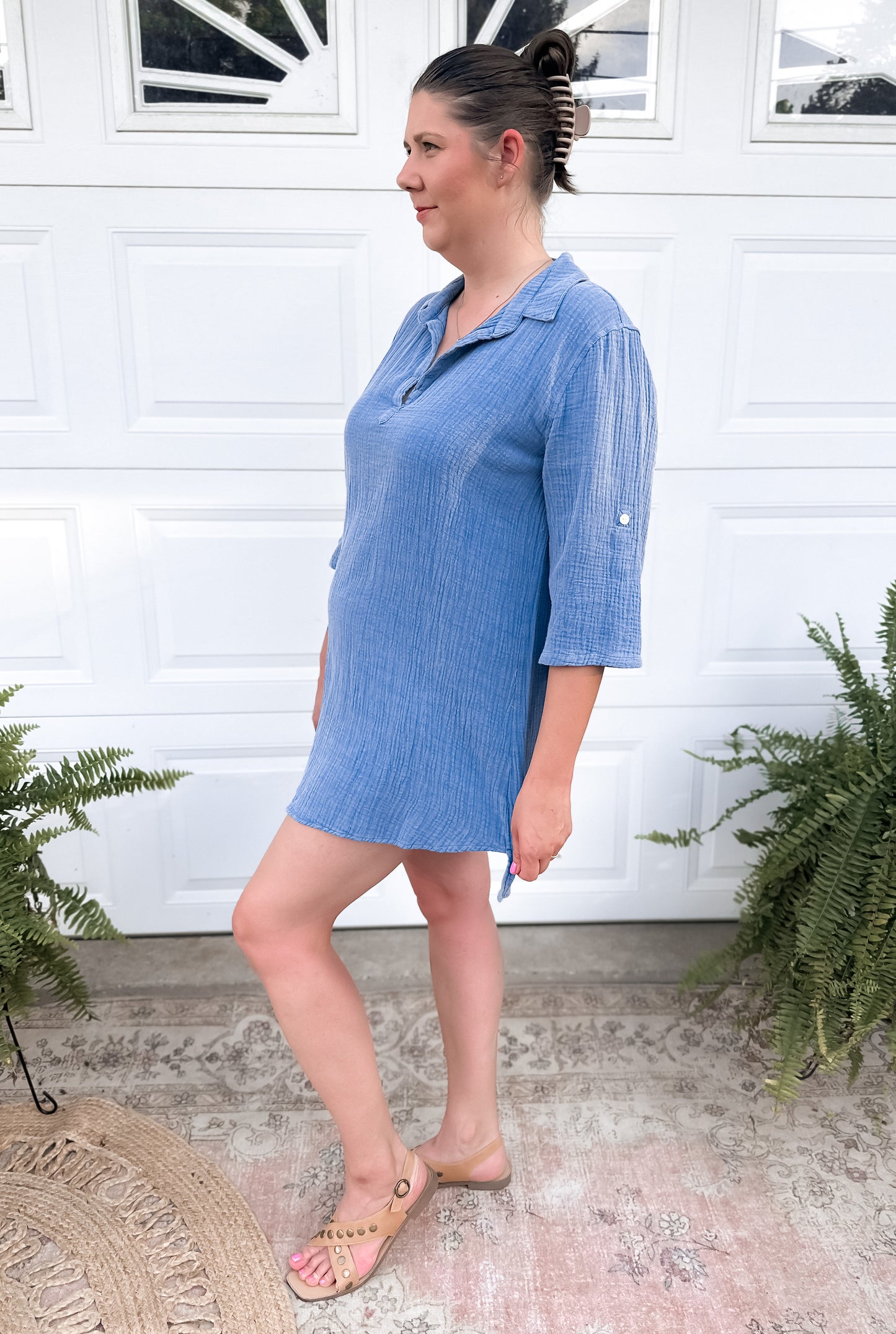 Henley Collar Long Sleeve Shirt Dress - Blue