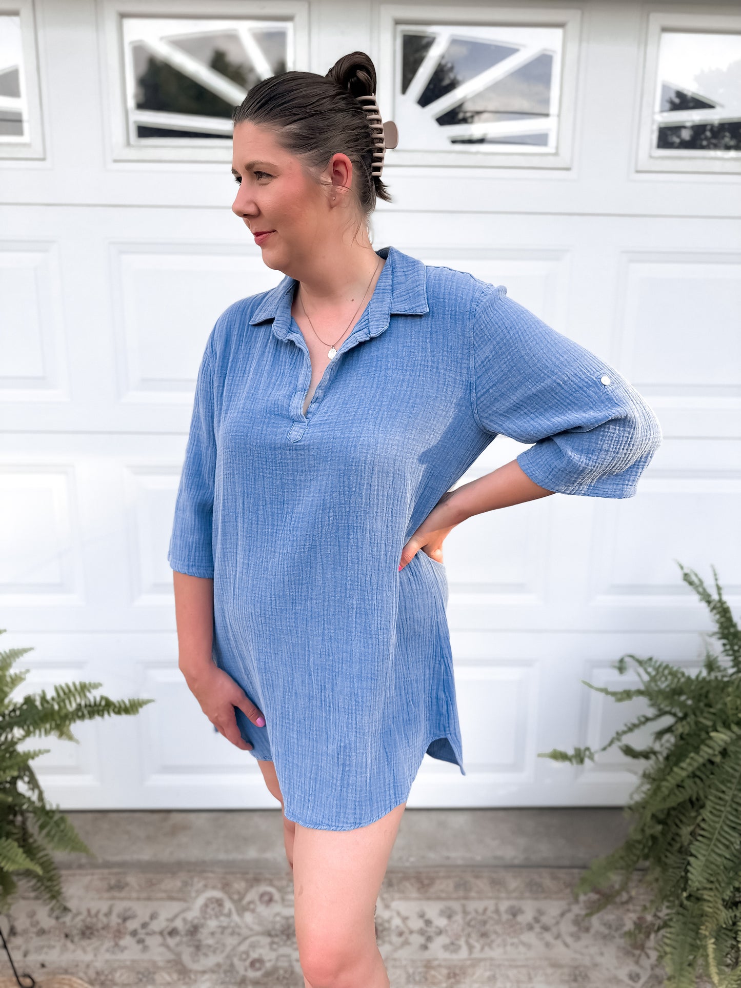 Henley Collar Long Sleeve Shirt Dress - Blue