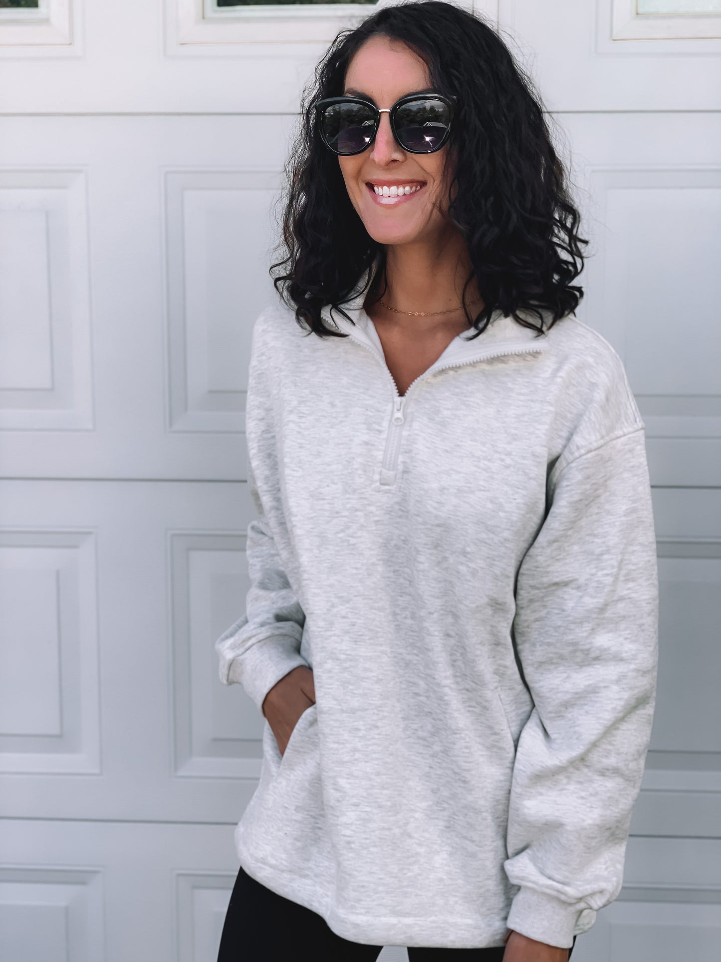 Quarter Zip Drawstring Pullover - Heather Grey