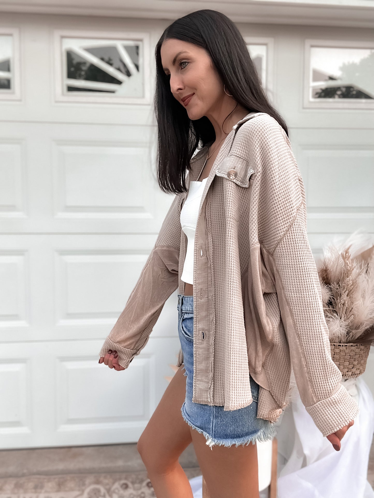 Waffle Knit Button Up - Taupe