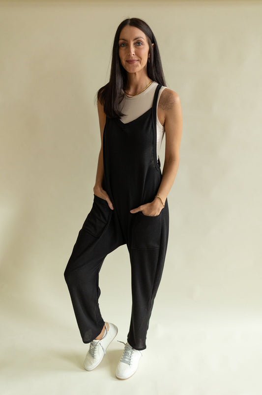 Waffle Knit Jumpsuit - Black