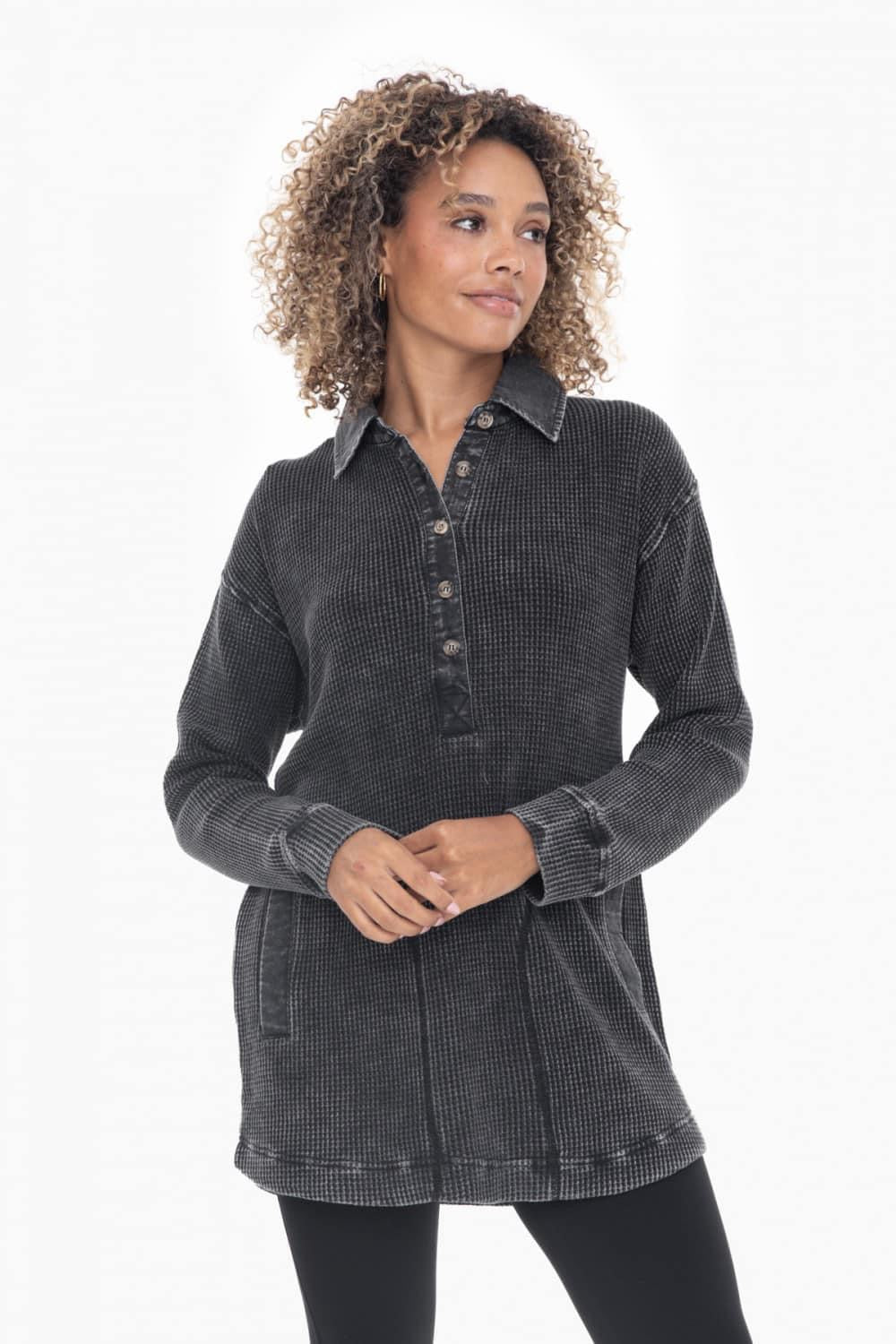 Cotton Mineral Wash Waffle Knit Tunic - Black