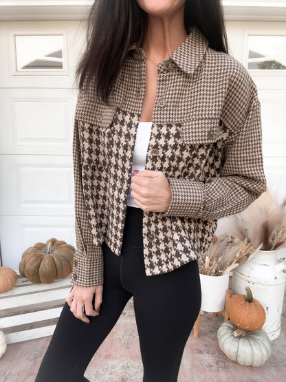 Cropped Gingham Shacket - Brown