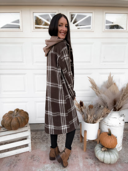 Twofer Hoodie Plaid Long Jacket - Cocoa