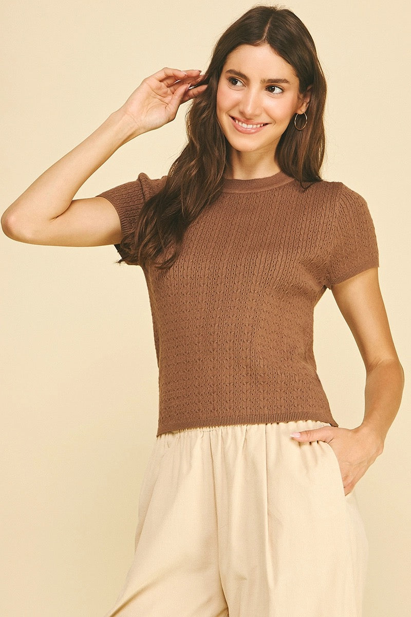 Pointelle Cable Knit Top - Brown