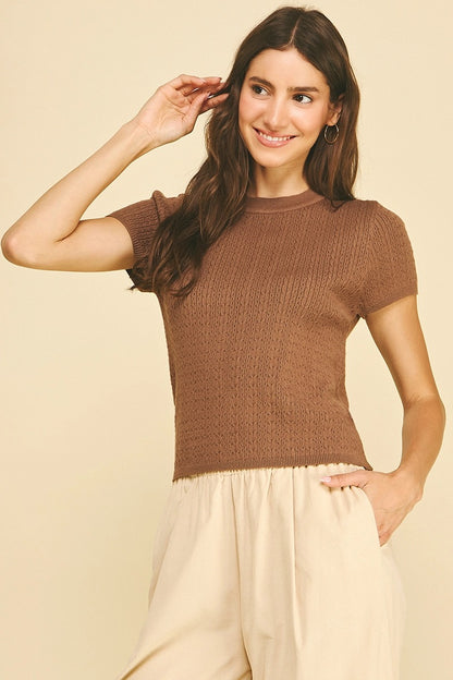 Pointelle Cable Knit Top - Brown