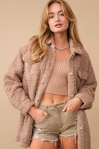 Soft Cozy Shearling Long Shacket - taupe