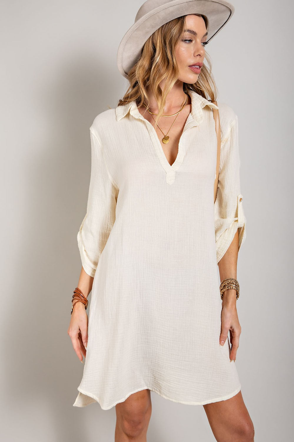 Henley Collar Long Sleeve Shirt Dress - Cream
