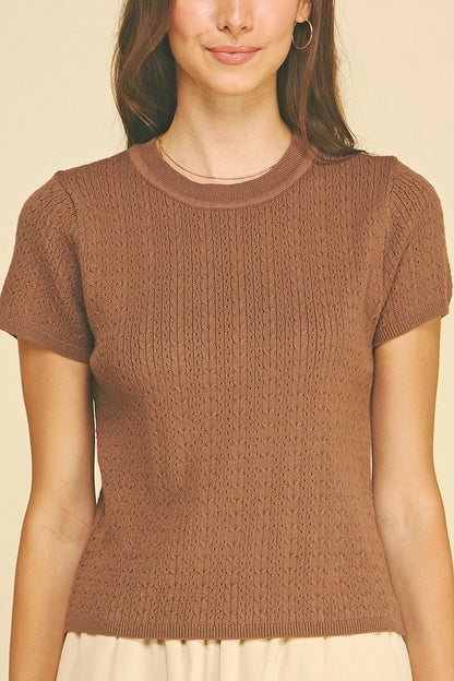Pointelle Cable Knit Top - Brown
