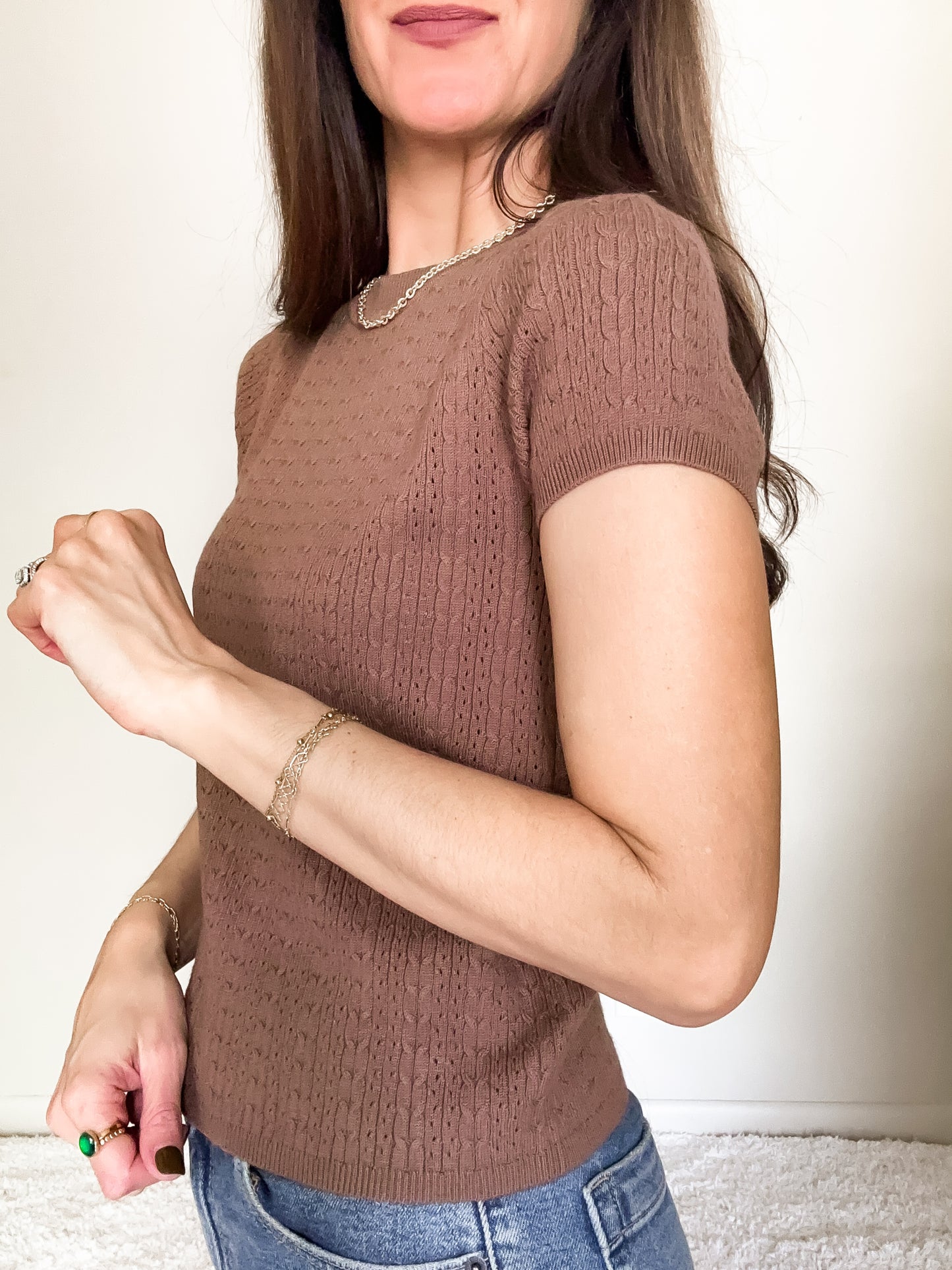 Pointelle Cable Knit Top - Brown