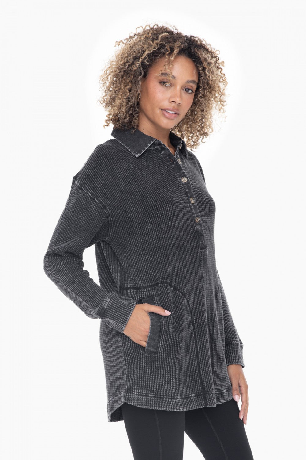 Cotton Mineral Wash Waffle Knit Tunic - Black