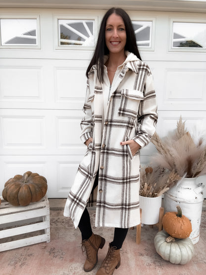 Twofer Hoodie Plaid Long Jacket - Cream