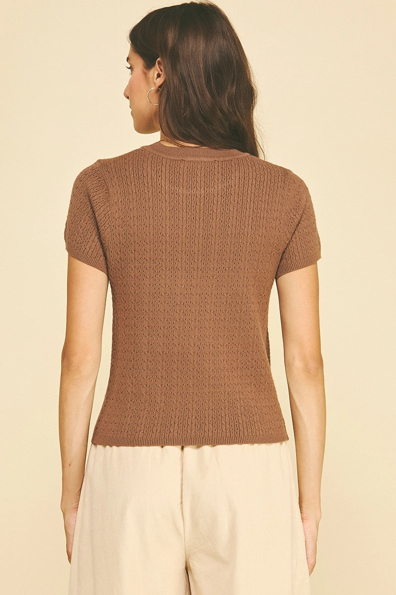Pointelle Cable Knit Top - Brown