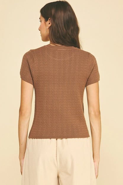 Pointelle Cable Knit Top - Brown