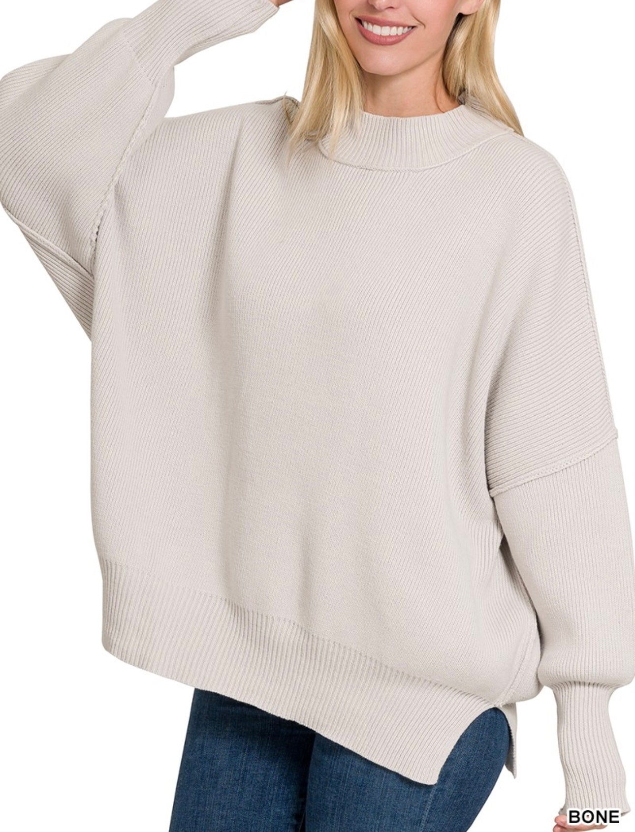 Side Slit Oversized Sweater - Bone