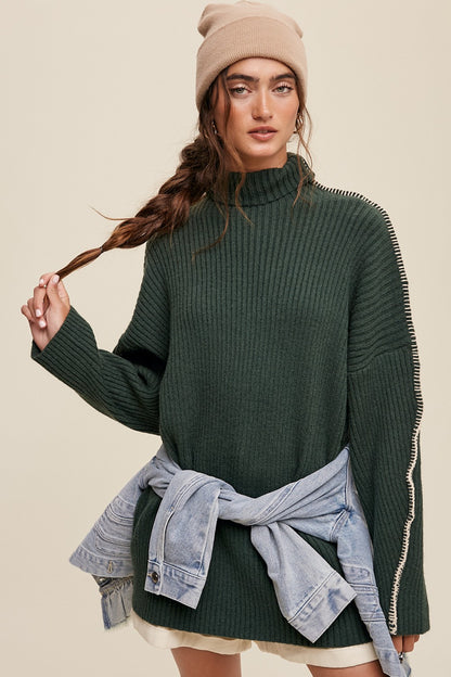 Contrast Stitch Sweater - Dk Green