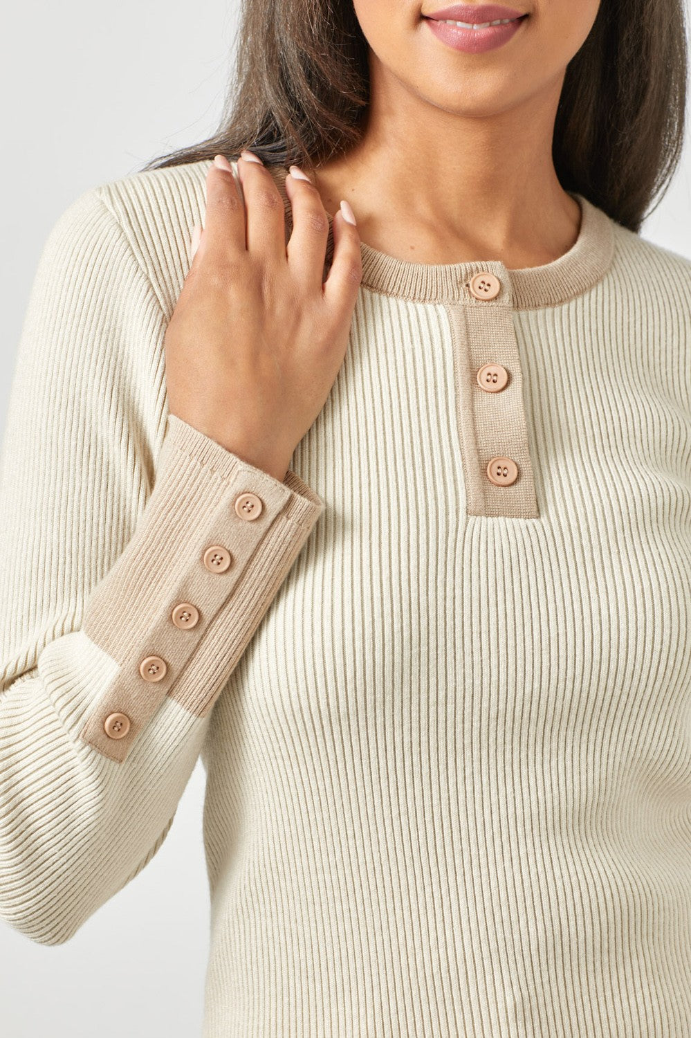 Ribbed Fitted Sweater with Button Detail