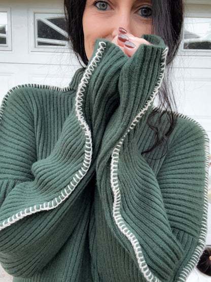 Contrast Stitch Sweater - Dk Green