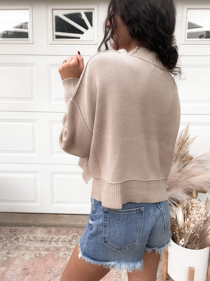 Side Slit Oversized Cropped Sweater - Lt Mocha