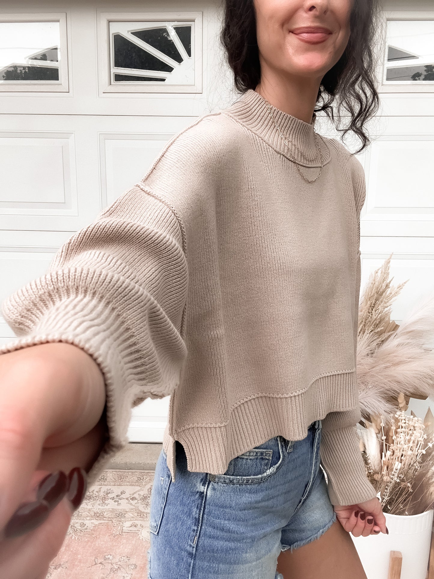 Side Slit Oversized Cropped Sweater - Lt Mocha