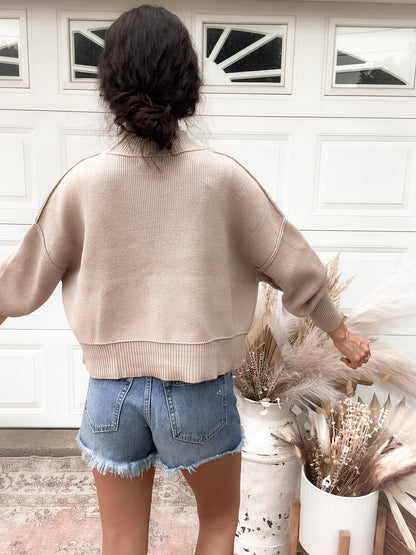 Side Slit Oversized Cropped Sweater - Lt Mocha
