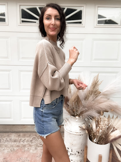 Side Slit Oversized Cropped Sweater - Lt Mocha
