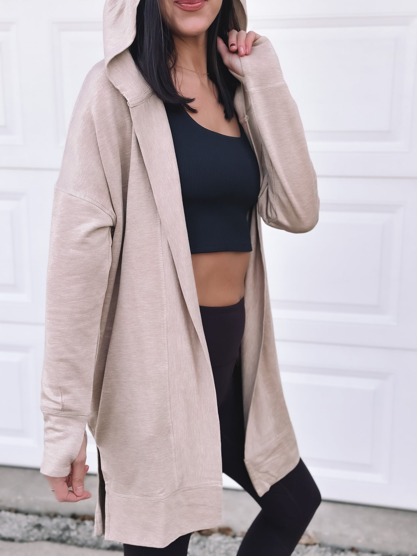 Longline Hooded Cardigan with Pockets - Natural