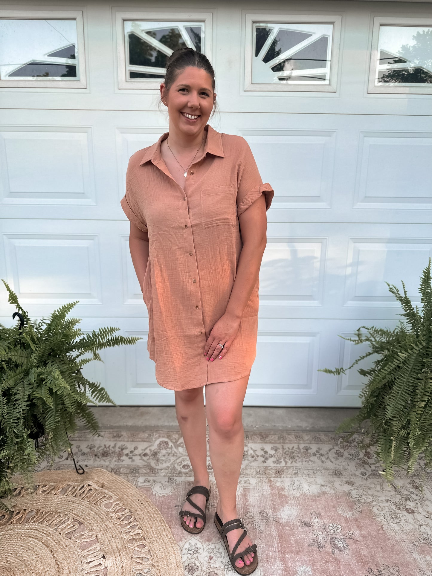 Button Up Shirt Dress - Peach