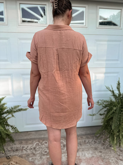 Button Up Shirt Dress - Peach