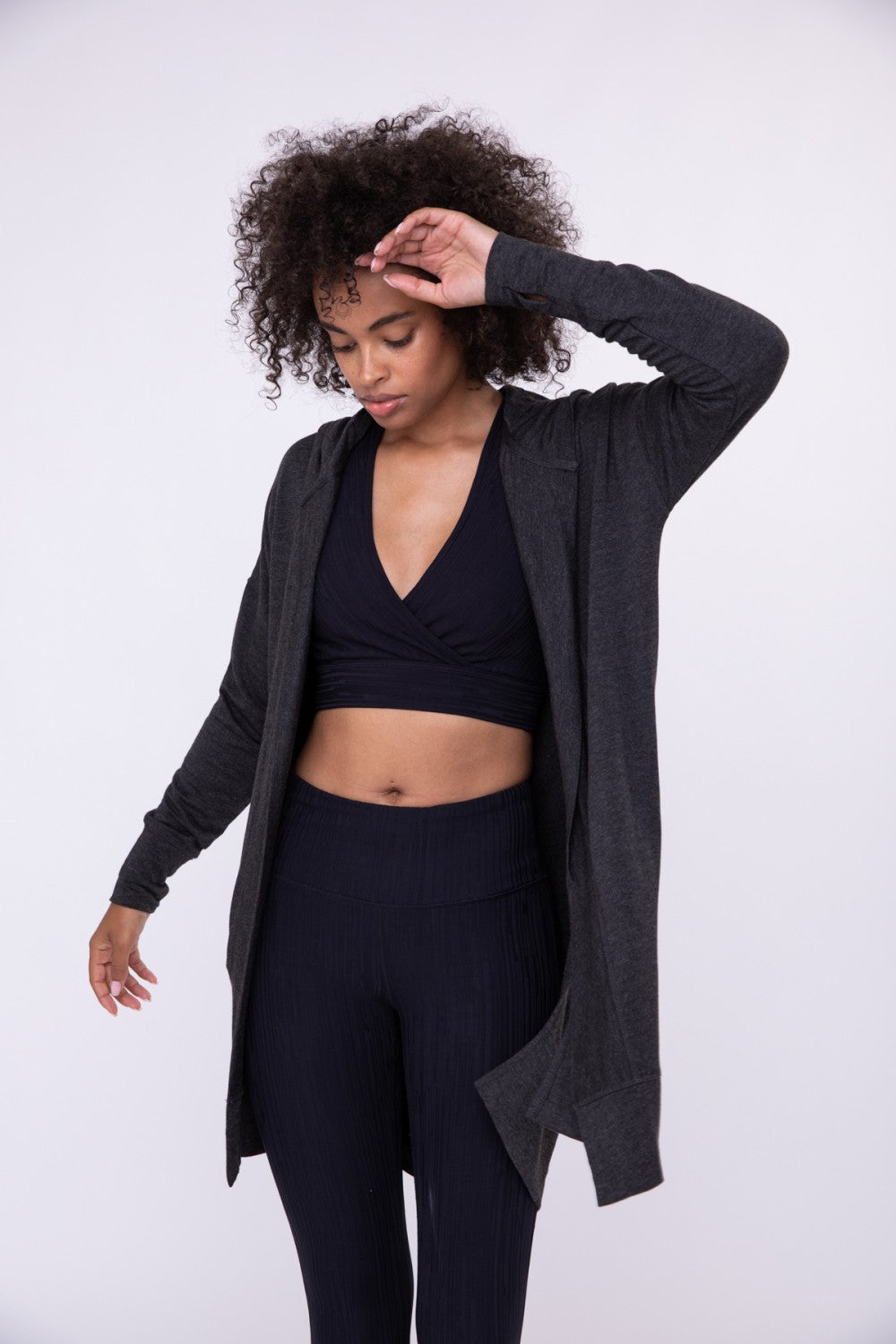 Longline Hooded Cardigan with Pockets - Black