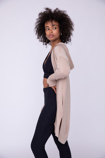 Longline Hooded Cardigan with Pockets - Natural