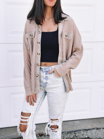 Waffle Knit Button Up - Taupe