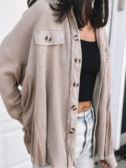 Waffle Knit Button Up - Taupe