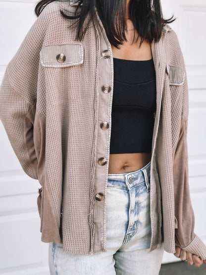 Waffle Knit Button Up - Taupe